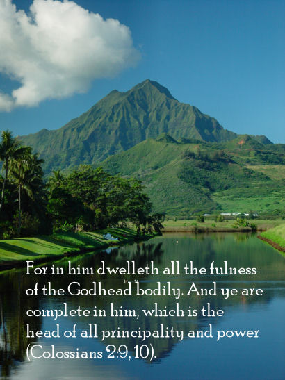 Colossians 2:9,10 with Puu Konahuanui, Kawainui Channel, Kailua, Oahu, Hawaii